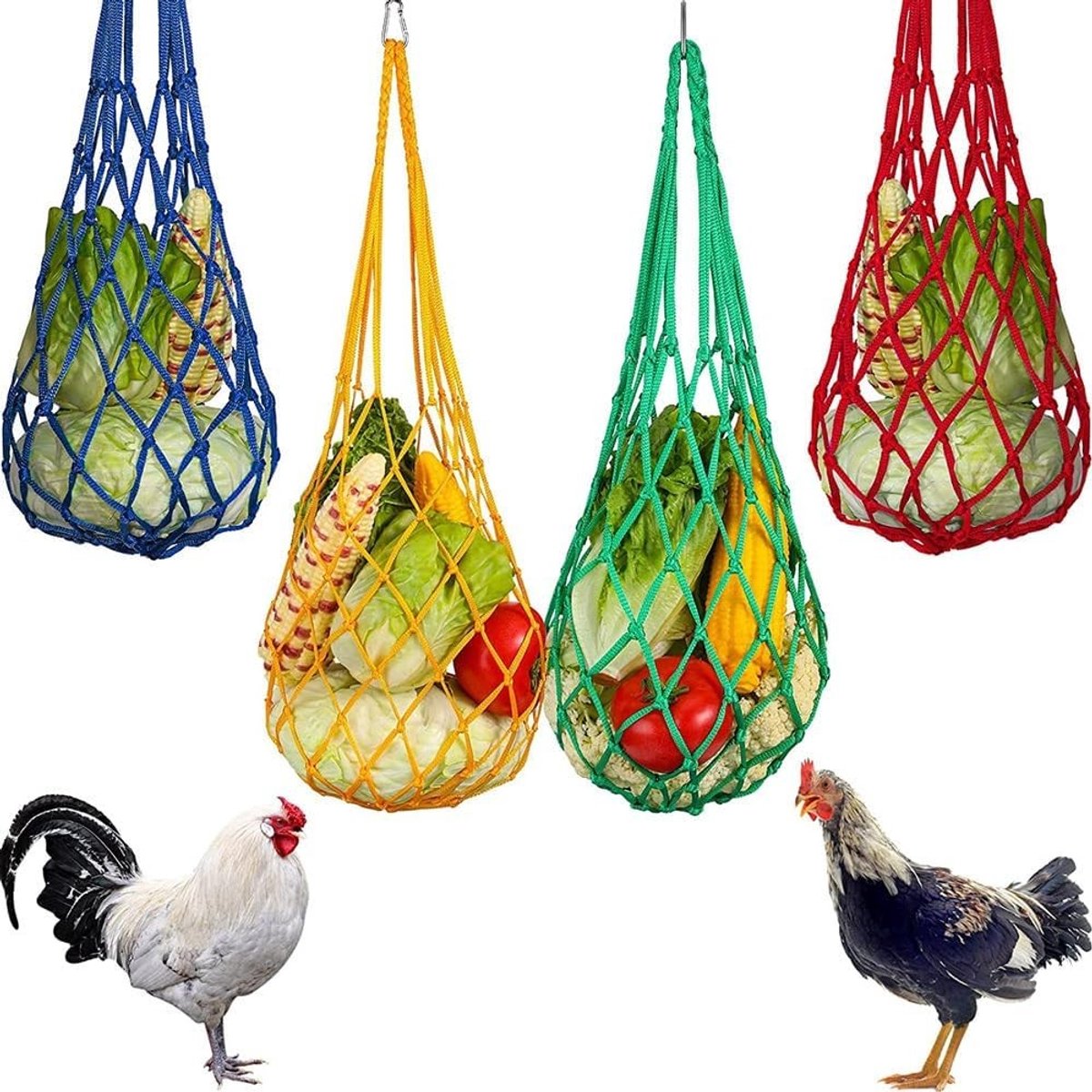 Hanging Voedernet voor Kippen, Voederzak van Nylon voor Groenten en Fruit, Praktisch Speelgoed voor Eenden, Ganzen en Vogels, Set van 4
