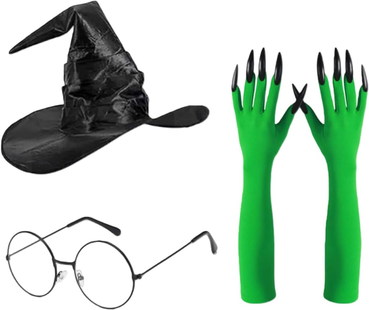 3-delige Toverfee Kostuum Accessoires Set met Hoed, Elphaba Bril en Groene Klauwenhandschoenen voor Volwassenen, Perfect voor Cosplay en Halloween