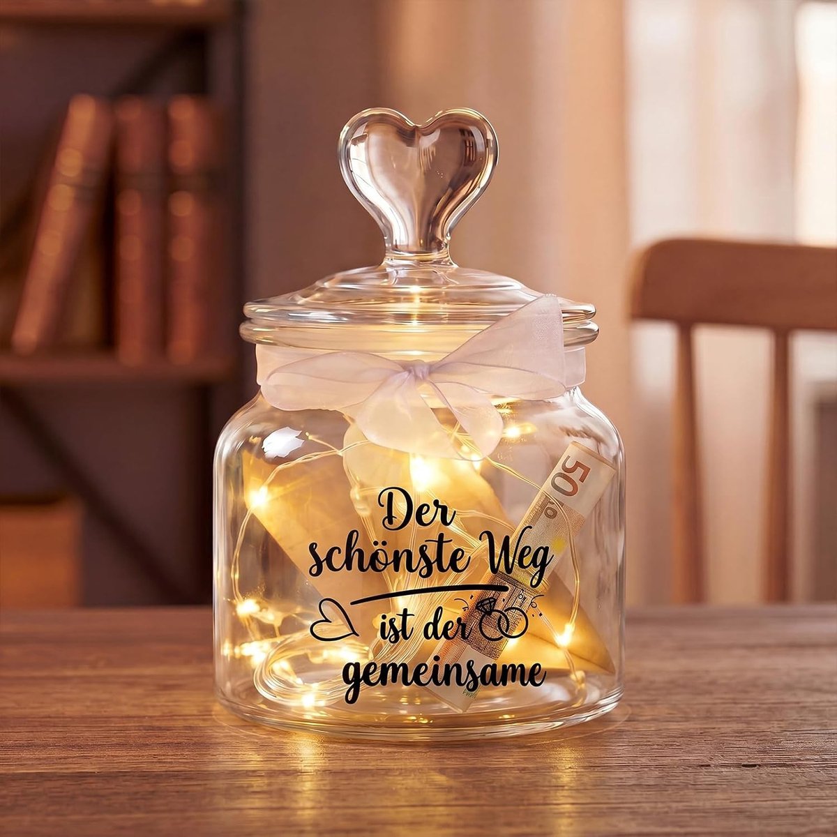Unieke trouwcadeaus voor pasgetrouwden - Verpakking in geldvorm, LED-fleslamp met gedroogde bloemen en wenskaarten