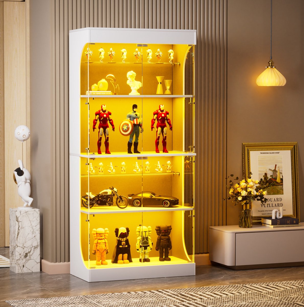 Wishdor Vitrinekast met led-verlichting - Glasvitrine met bewegingssensor, usb-c en type-c - Voor woonkamer en slaapkamer - Wit - 80 x 35 x 165 cm