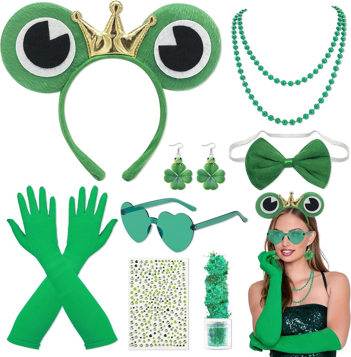 Vrouwelijk Kikker Kostuum met 8 Accessoires, Inclusief Haarband, Oorbellen, Ketting, Strik, Groene Bril en Glitter voor Feestjes en Verkleedpartijen