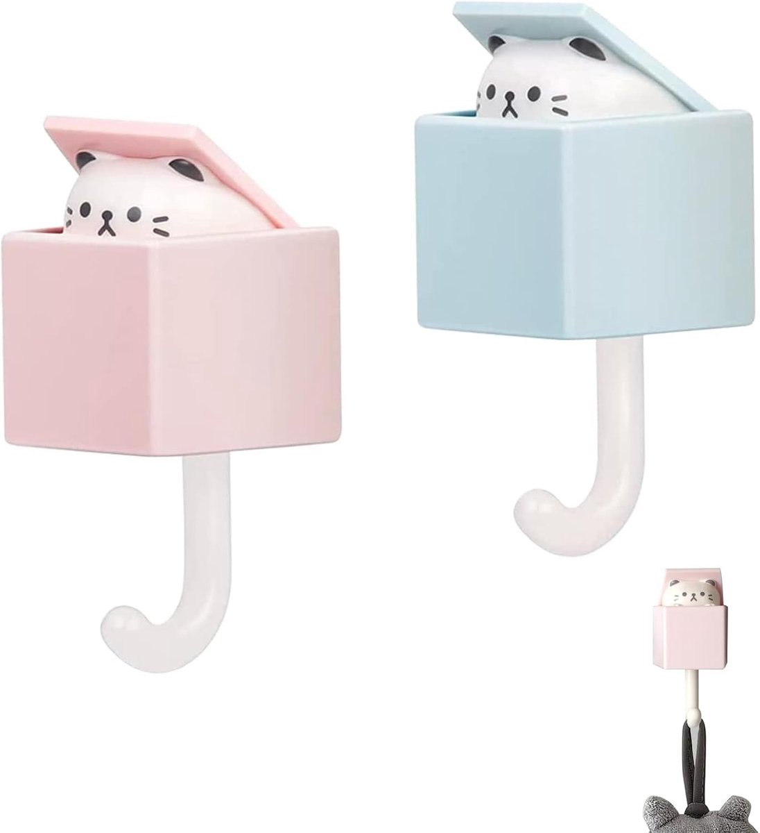 Schattige katten sleutelhouders, 2 stuks, zelfklevende wandhaak, dierenaccessoires, waterdichte key hooks, multifunctionele organizer