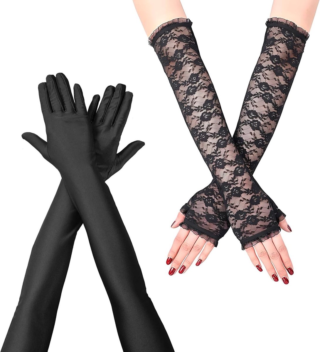Zwarte Lange Vingerloze Kanten Handschoenen Set voor Bruiloft, Bal en Opera - Rekbare Satijnen Elbow Length Handschoenen voor Vrouwen (53cm)