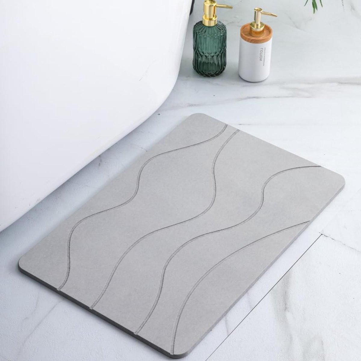 Diatomiet Steen Badmat - Sneldrogende Douchemat - Badkamer Droog Houden - Super Absorberend - 60 x 39 cm - Grijze Golven