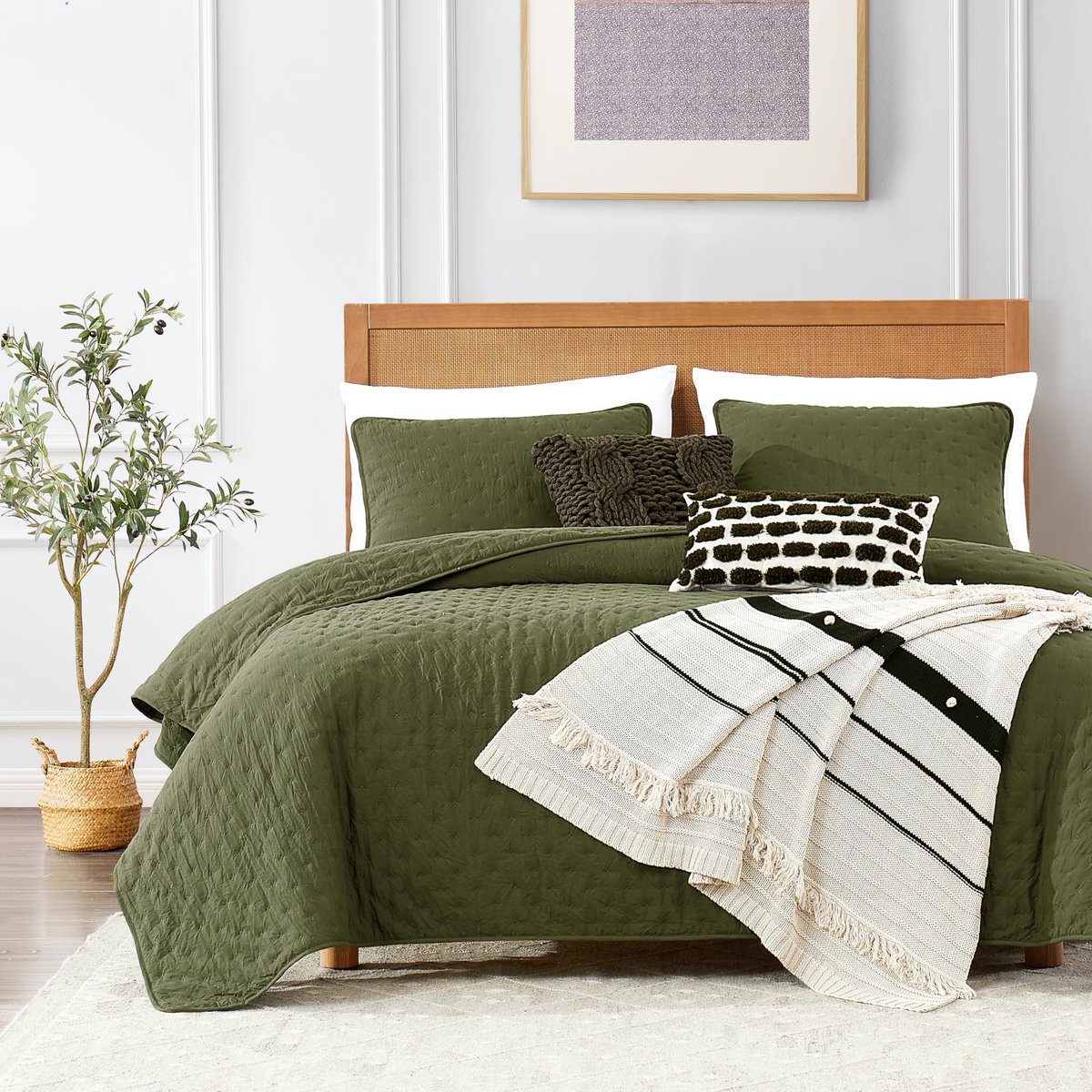Quiltbeddengoedset 2-persoons 172 x 229 cm - olijf lichtgewicht sprei - gewatteerde deken - ideaal voor alle seizoenen - ShopVlot
