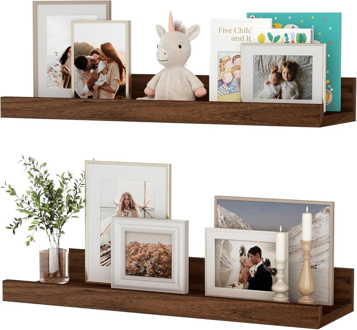 Set van 2 Wandplanken van 40 cm in Walnoot, Houten Planken voor Foto's, Boeken en Decoratie in Woonkamer, Keuken, Slaapkamer en Badkamer