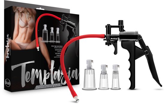 Productverpakking met vrouw, zwarte pomp, rode slang en drie zuignapjes.