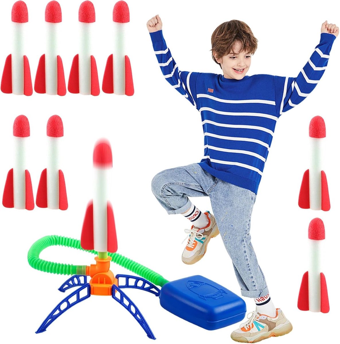 Buitenspeelgoed voor Kinderen met 8 Schuimraketten en 1 Lanceringhouder, Actief Spel voor Kinderen van 3-12 Jaar, Perfect Cadeau voor Verjaardagen en Buitenactiviteiten