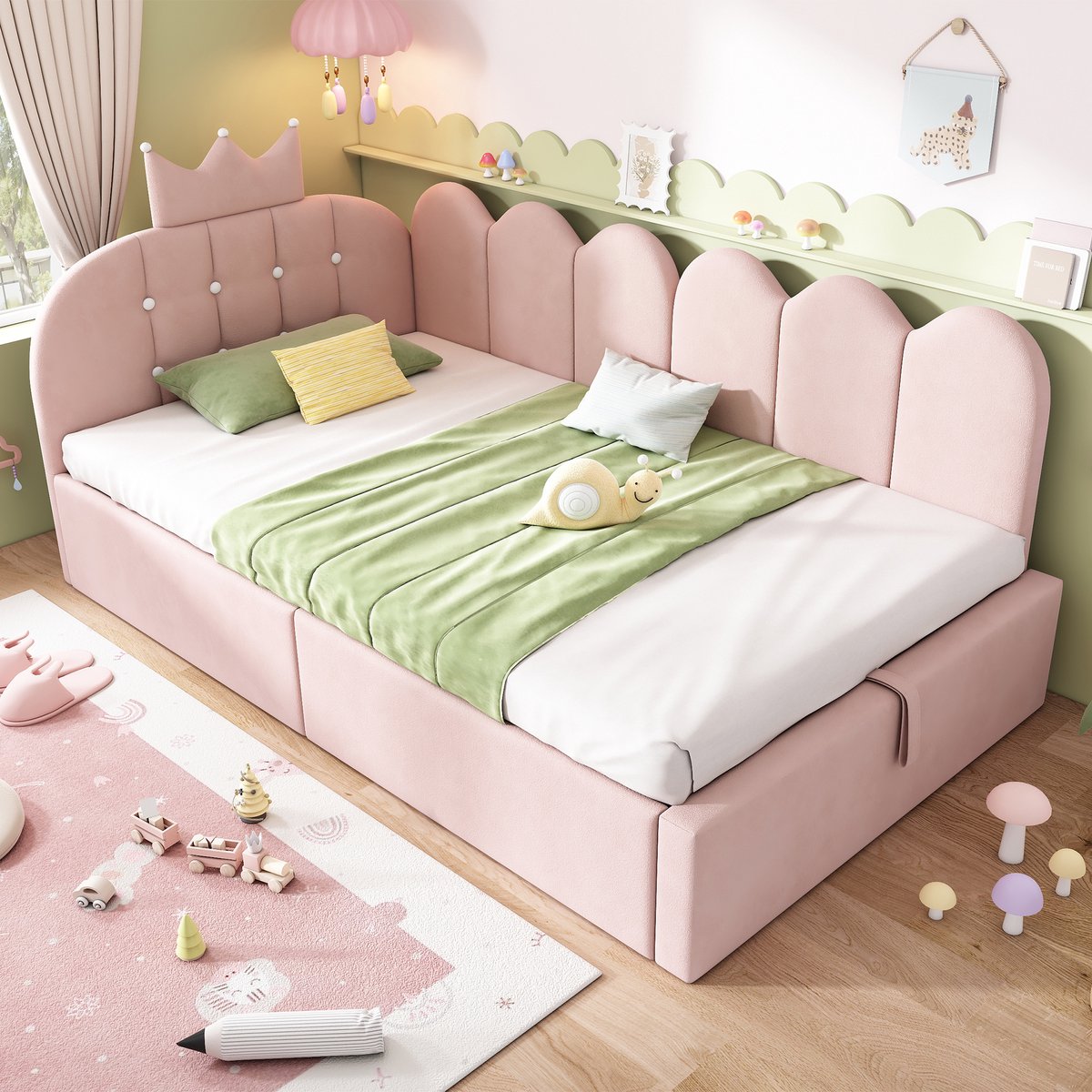 Wishdor Slaapbank 90x200 cm - Bedbank met opbergruimte en lattenbodem - Velours in roze - L-vormig en omkeerbaar - Kinderkamer en logeerkamer