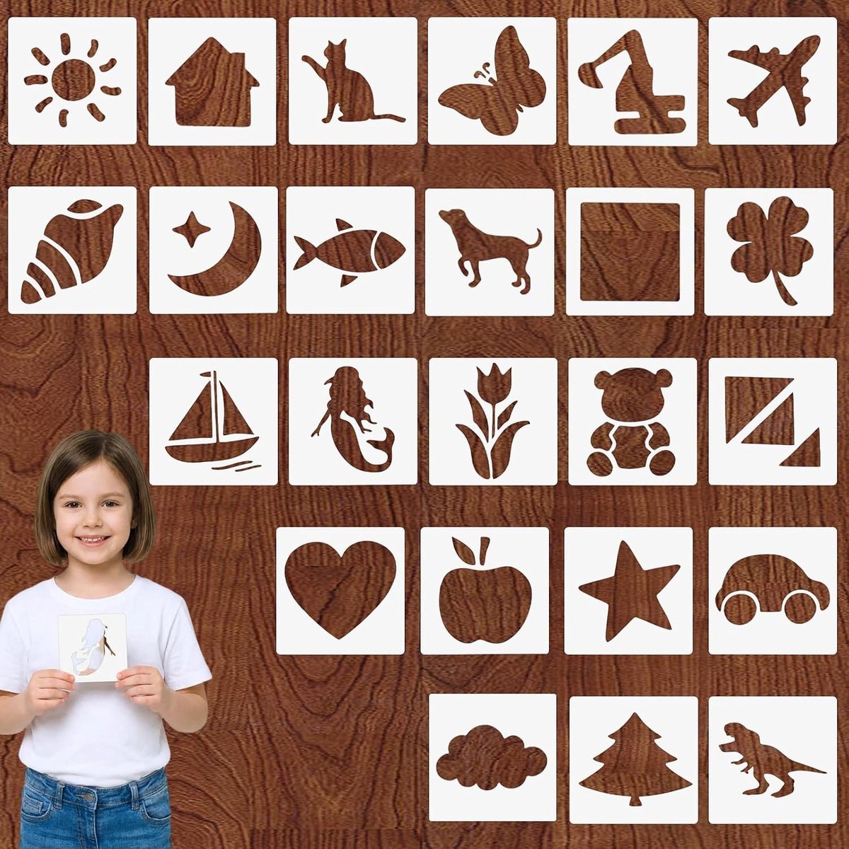 Schildersjablonen voor kinderen - 24 herbruikbare sjablonen voor textiel en knutselen, dieren, auto’s, planten en meer, ideaal voor creatieve projecten en cadeaukaarten