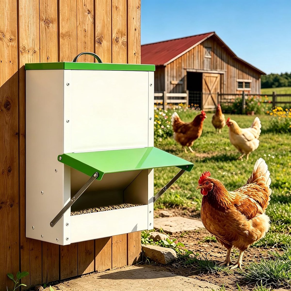 Automatische Voederbak voor Kippen en Eenden - 11kg Weerbestendig Metalen Voederdispenser met Deksel voor Pluimvee en Kippenhok Accessoires