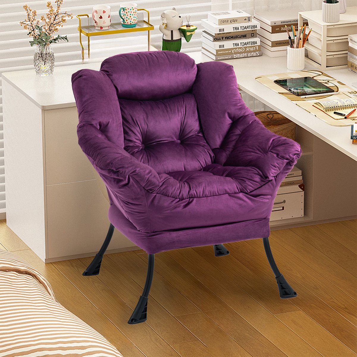 Wishdor Fauteuil - Lazy chair met metalen frame en side pocket - Ergonomisch, gewatteerd, afneembare hoes - Paars - 81 cm breed - Voor lezen, werken en rusten