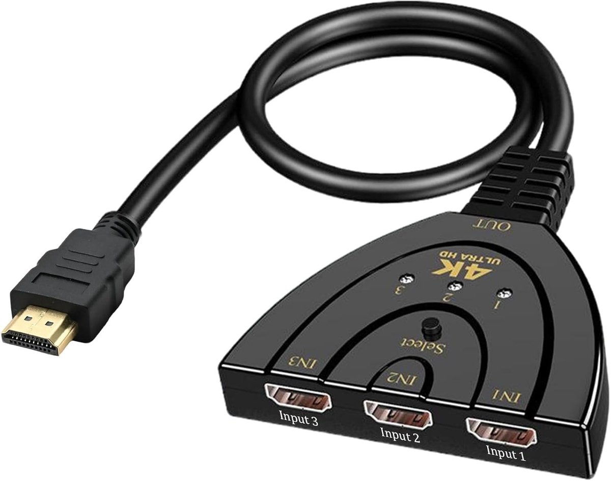4K HDMI Splitter met 3 Poorten voor Multi-Screen Gebruik, Stabiele Overdracht, Full HD Beeldkwaliteit en Handmatige Schakelaar met Hoge Snelheid Kabel