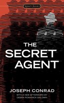 Boek 'The Secret Agent' van Joseph Conrad, met op de voorkant een gestileerde afbeelding van een geheime agent in silhouet tegen een rode achtergrond met lijnen.