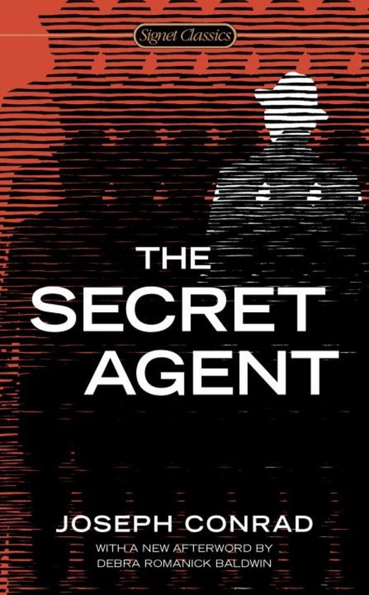 Boek 'The Secret Agent' van Joseph Conrad, met op de voorkant een gestileerde afbeelding van een geheime agent in silhouet tegen een rode achtergrond met lijnen.