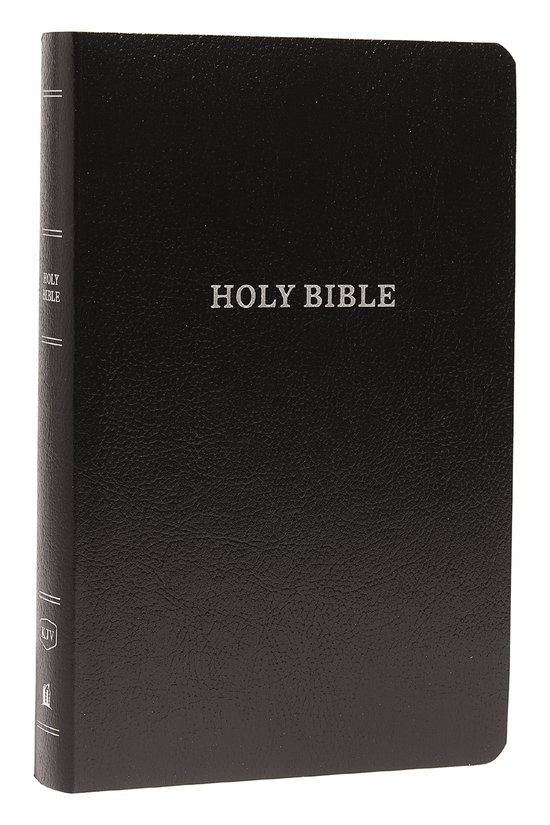 Zwarte bijbel met de tekst "HOLY BIBLE" in zilverkleurige letters op de voorkant en zijkant.
