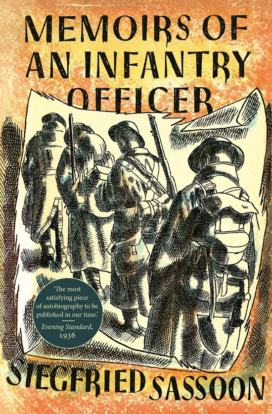 Boekhoes met de titel 'Memoirs of an Infantry Officer' door Siegfried Sassoon. Illustratie van soldaten in uniform.