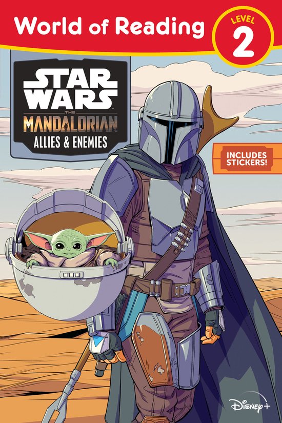 De Mandalorian en Grogu uit Star Wars, met de tekst 'World of Reading Level 2 Allies & Enemies'. Inclusief stickers.