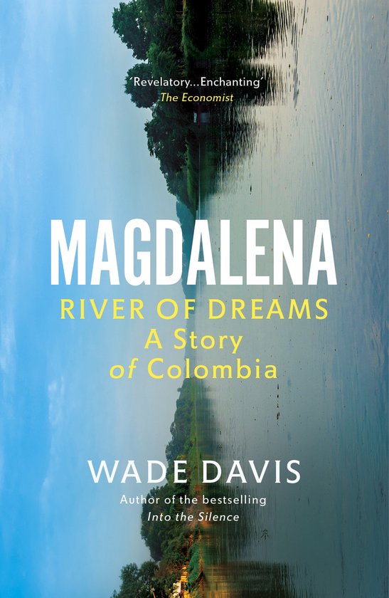 Boekomslag van 'Magdalena: River of Dreams. A Story of Colombia' in heldere blauwe en groene tinten, met de titel prominent in witte en gele letters.
