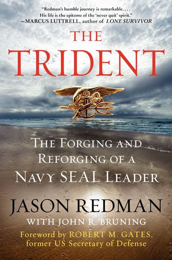 Boek "The Trident: The Forging and Reforging of a Navy SEAL Leader" door Jason Redman. Cover met strand en zee, en een gouden Trident badge.