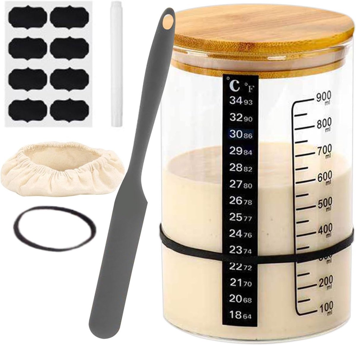 Zuurdesem Starter Pot - Gistingsvat - Brood Bakken - Met Temperatuurmeter - 21x14x11cm - Transparant