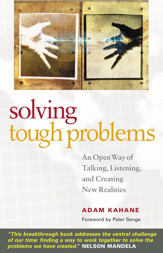 Boekomslag met de titel 'solving tough problems'. Twee foto's van handen worden getoond met grafische elementen.