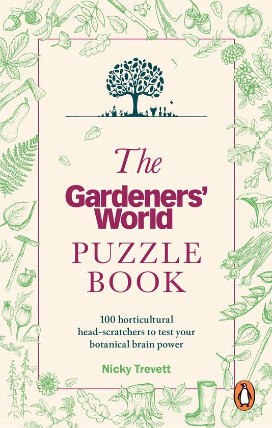 Boekomslag van 'The Gardeners' World Puzzle Book' met een boom en tuiniergereedschap.