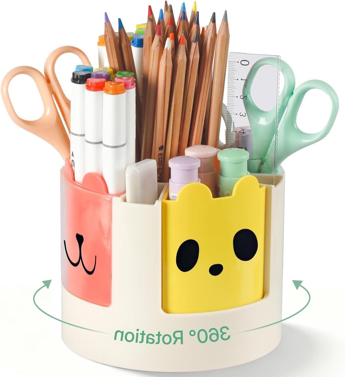 360° Draaibare Pennenhouder met 13 Slots, Schattige Bureau Organizer voor Kantoorbenodigdheden en Stickers