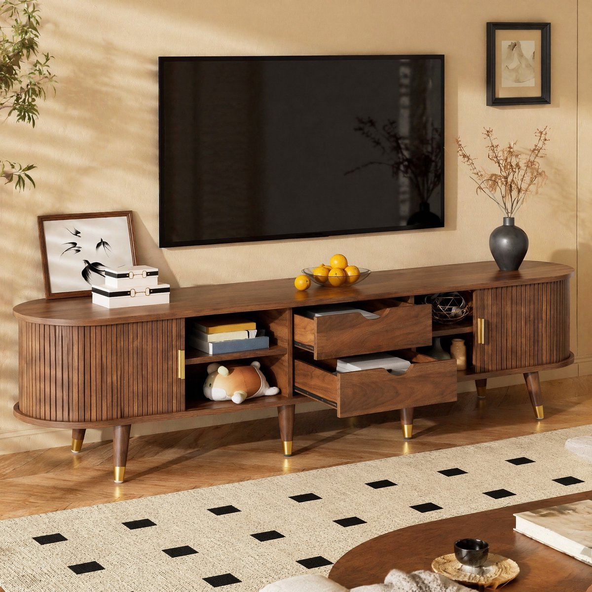 HAUSS SPOLE TV-Meubel - Rattan Schuifdeur Met Walnootdecor En Opbergruimte - Kabelbeheer Voor Woonkamer - MDF - 175x38x45 cm - Walnoot Houtkleur