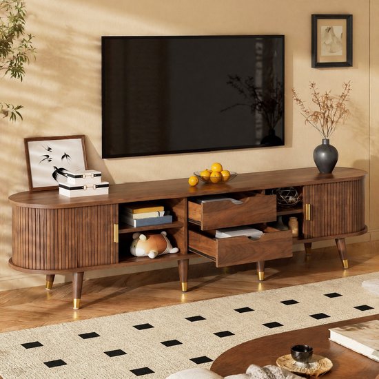 HAUSS SPOLE TV-Meubel - Rattan Schuifdeur Met Walnootdecor En Opbergruimte - Kabelbeheer Voor Woonkamer - MDF - 175x38x45 cm - Walnoot