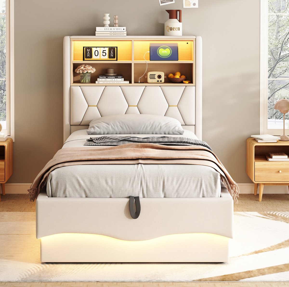 MEUNIQ kinderbed 90x200 cm met hydraulische opbergruimte, ledverlichting, USB-laadpoort, metalen lattenbodem en stoffen bekleding voor kinderkamer, beige