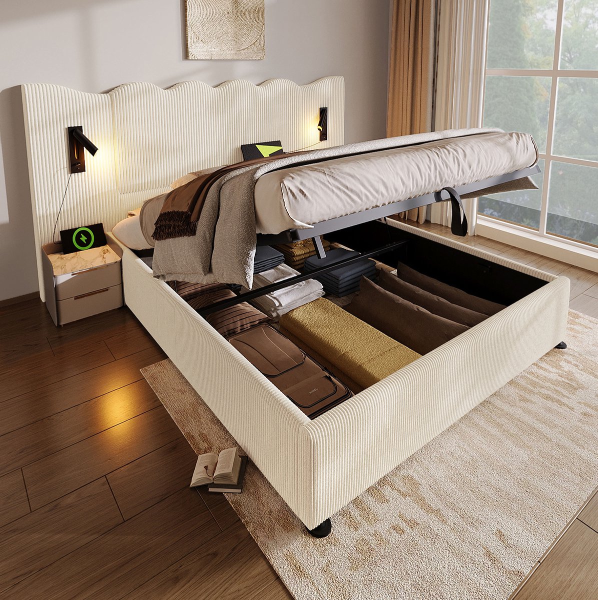 MEUNIQ tweepersoonsbed 180x200 met opbergruimte, leeslamp, USB en USB-C, lattenbodem, gest