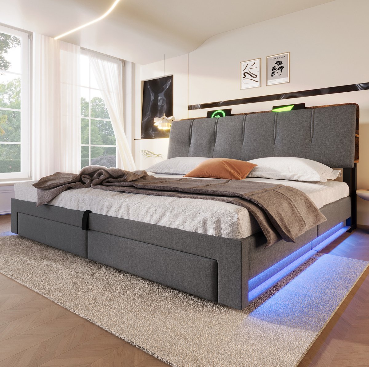 MEUNIQ gestoffeerd bed 180x200 cm met hydraulische opbergruimte, LED-verlichting, USB en USB-C, hoofdbord met vakken en lades, tweepersoons slaapkamer, grijs