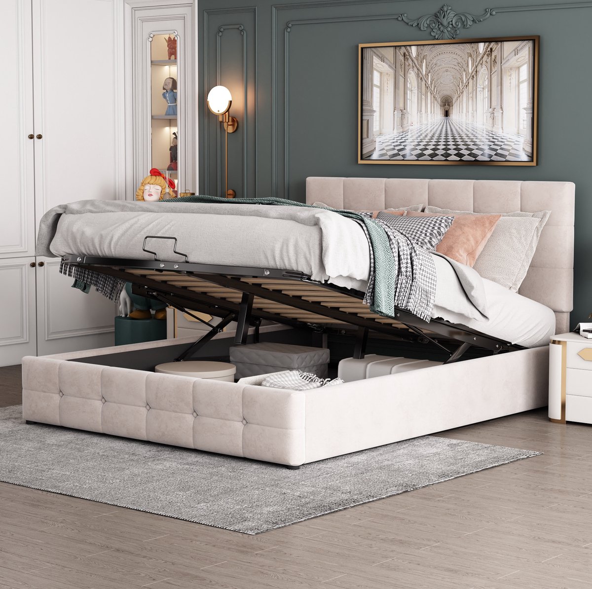 MEUNIQ gestoffeerd tweepersoons opbergbed 140x200 cm met hydraulische opbergruimte, verstelbaar hoofdbord en lattenbodem voor slaapkamer, crèmewit