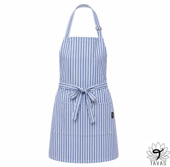 Tablier de cuisine Culinary Stripe - Rayures bleu crème - 60x80 cm - Tablier de cuisson avec poches et ceinture de 86 cm - Restauration - Tablier de cuisine pour femme - Tablier de cuisine pour homme