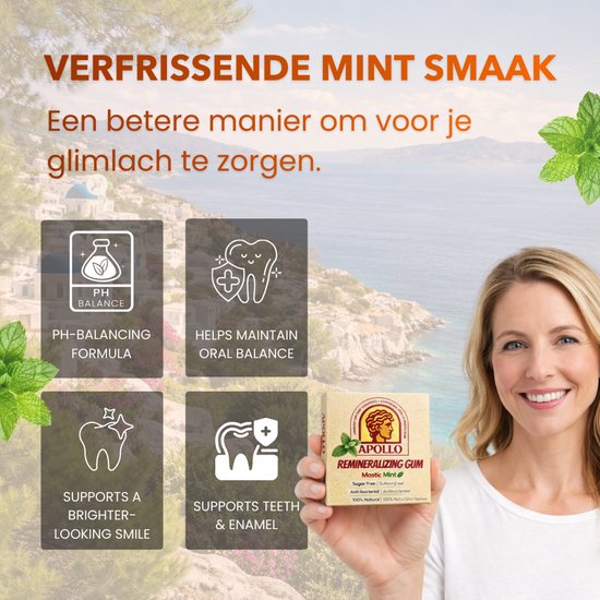 Vrouw met een witte glimlach die een doosje Apollo Remineralizing Gum vasthoudt. Met icoontjes voor 'PH-Balancing Formula', 'Helps Maintain Oral Balance', 'Supports a Brighter-Looking Smile', 'Supports Teeth & Enamel'.