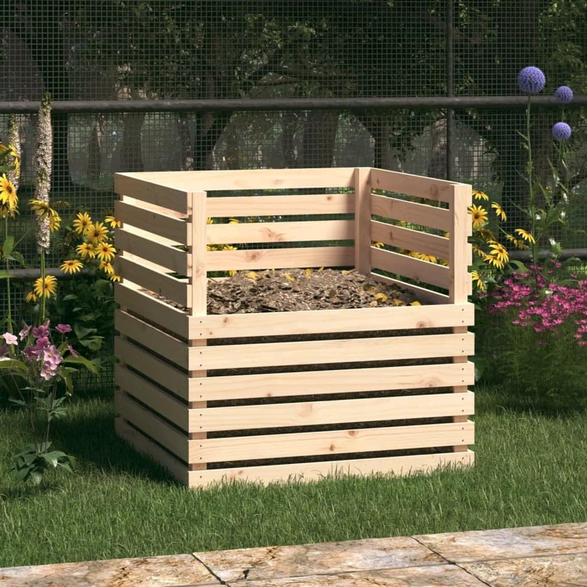 Compostbak Tuin - Composteerbak Organisch - Afval Verwerken - Massief Grenenhout - 80x80x78 cm - Natuurlijk