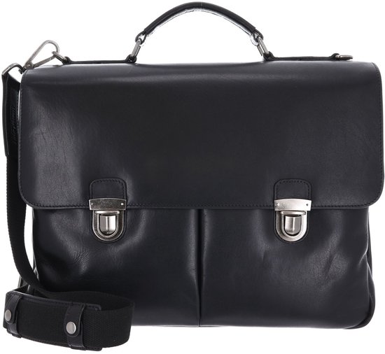 Mallette noire en cuir avec poignée, boucles et bandoulière amovible.