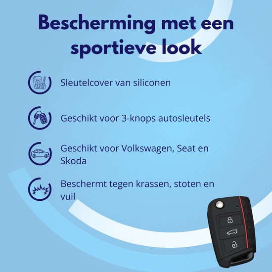 Zwarte siliconen sleutelhoes met rode accenten en honingraatpatroon, voor 3-knops autosleutels van VW, Seat, Skoda.