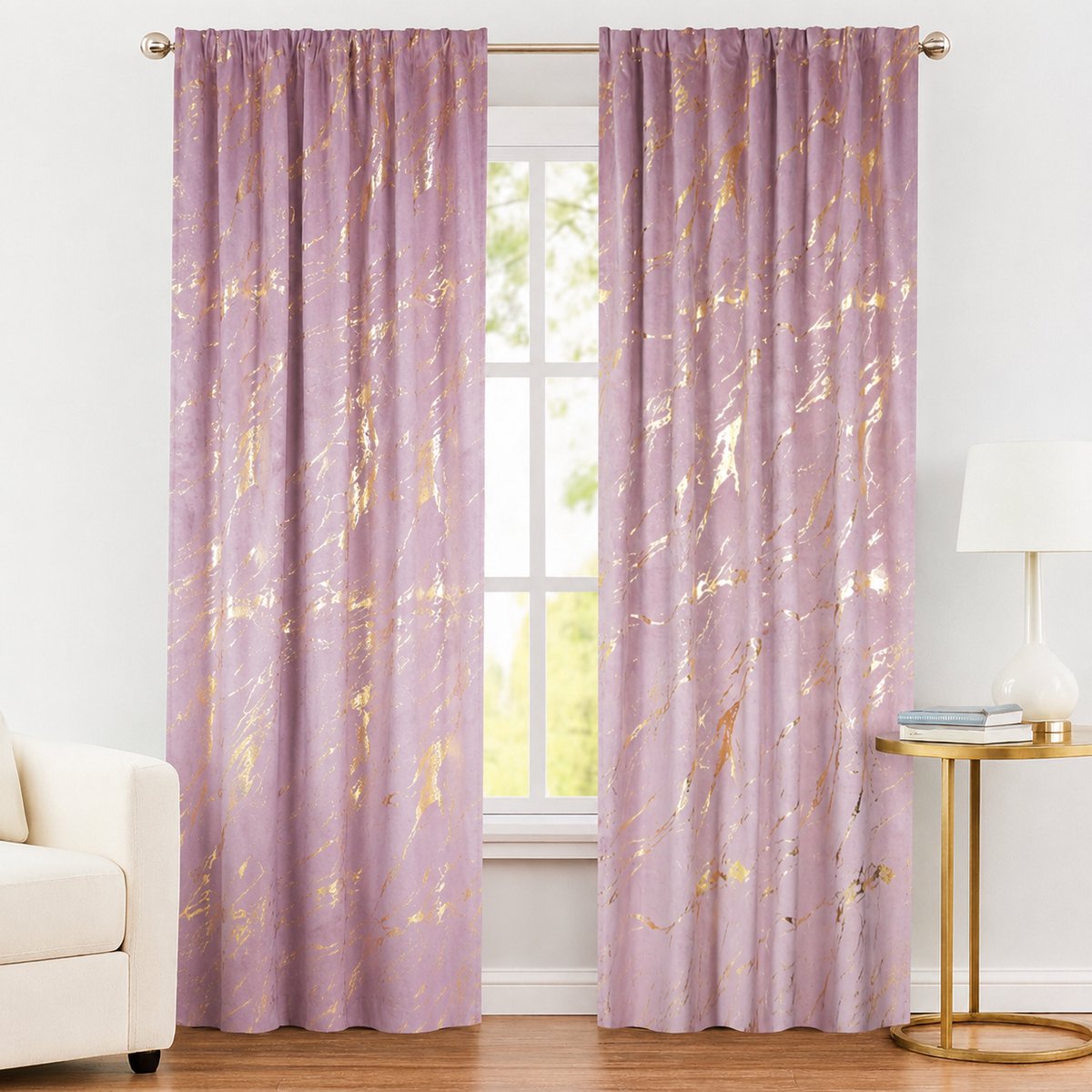 Glow Thuis Velvet Gordijn Roze Goud – Luxe Fluwelen Kant-en-Klaar Gordijn met Gouden Marmerprint en Haken – 140x250 cm