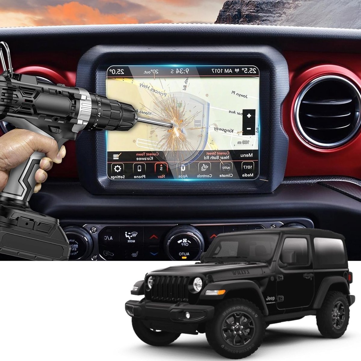 Navigatiescherm beschermfolie voor Jeep Wrangler JL - gehard glas, 9H krasbestendigheid, luchtbelvrije installatie, hoge resolutie en ultra-dun ontwerp