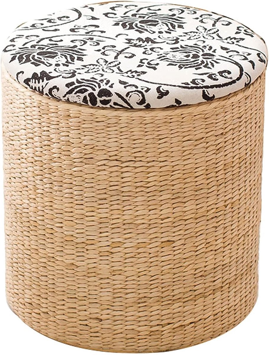 Opberger met deksel - Ronde poef - Voeten rusten - Handgeweven structuur - 38x41 cm - Houtkleur
