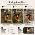 Houten vogelvoederhuisje met camera, gemonteerd op een boom, schutting en muur. Met zonnepaneel en handleiding.