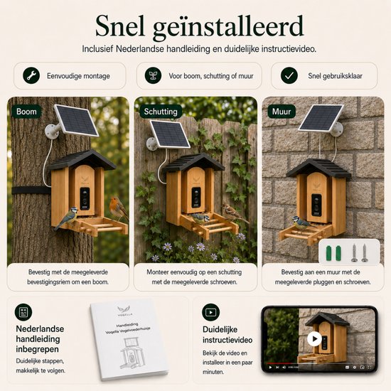 Houten vogelvoederhuisje met camera, gemonteerd op een boom, schutting en muur. Met zonnepaneel en handleiding.