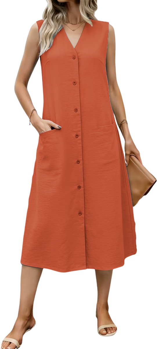 Currero Zomerjurk Dames Zomerjurken Volwassenen Vrouwen Midi Jurk Ibiza Stijl Sundress Dress Oranjerood XL