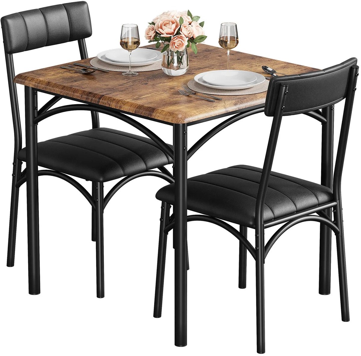Home & Beyond® Eettafel met 2 Stoelen - Industriële Eettafelset - Compacte Keukentafel - Eethoek voor 2 Personen - MDF Houtlook - Bruin/Zwart