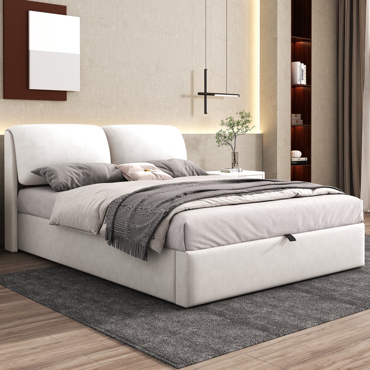 MEUNIQ gestoffeerd bed 140x200 cm met hydraulische opbergruimte, 3 lades, verstelbaar hoofdbord en lattenbodem, tweepersoons bedframe voor slaapkamer, beige
