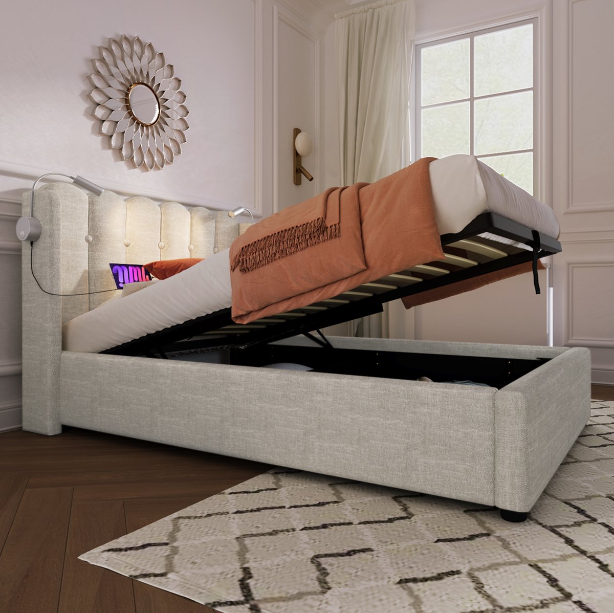 MEUNIQ eenpersoons bed 90x200 cm met opbergruimte, lattenbodem, hoofdbord met leeslamp en 