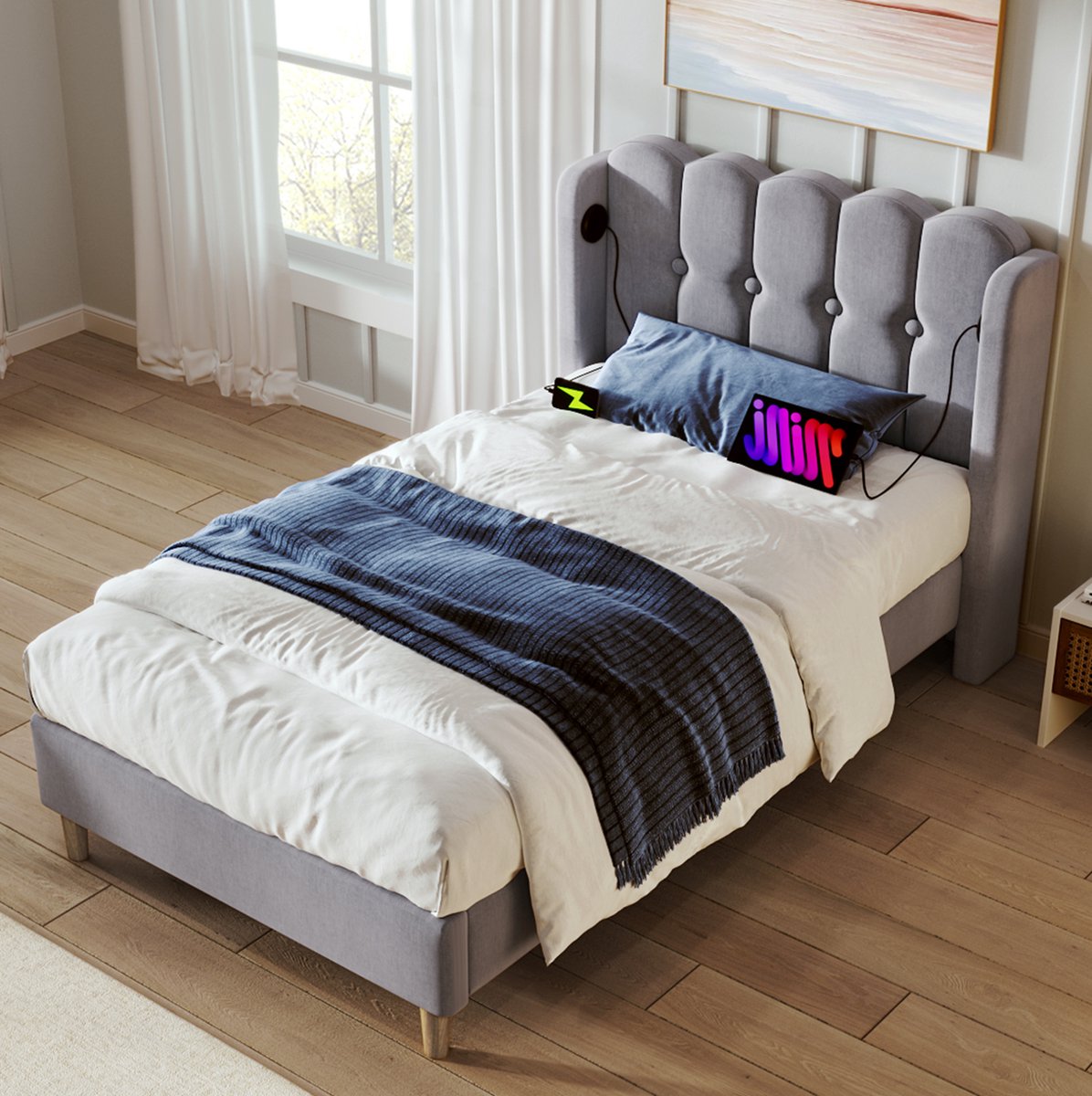 MEUNIQ gestoffeerd eenpersoonsbed 90 x 200 cm met lattenbodem, USB en Type-C in hoofdbord, grijs stoffen bedframe voor slaapkamer of logeerkamer