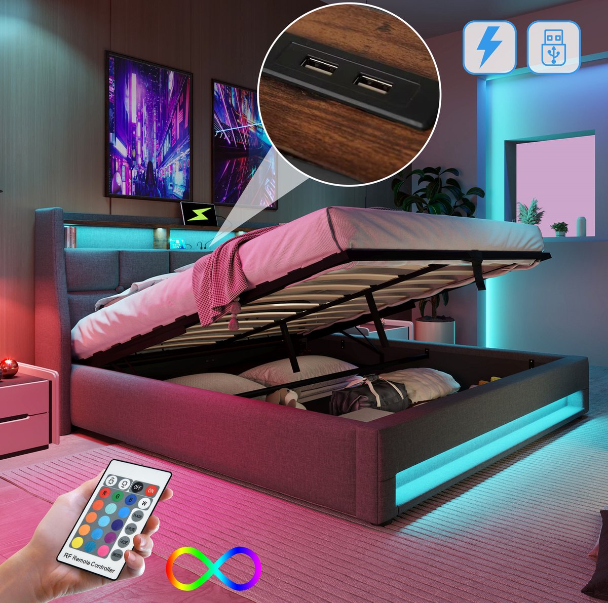 MEUNIQ gestoffeerd tweepersoonsbed 180x200 cm met LED, USB-poorten, opbergruimte en lattenbodem, bedframe voor slaapkamer, grijs